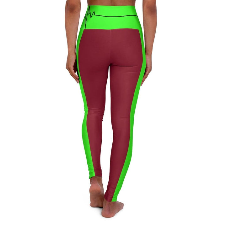 High Waisted Yoga Leggings Dark Red and Neon Green Beating Heart Sports Pants