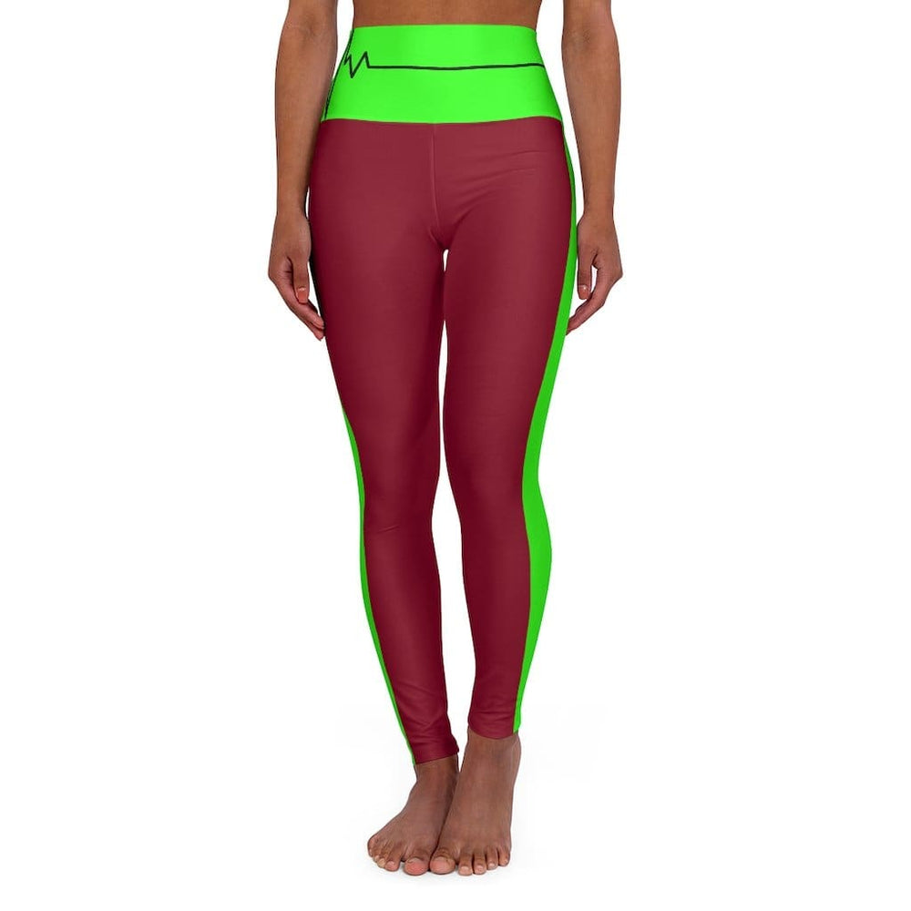 High Waisted Yoga Leggings Dark Red and Neon Green Beating Heart Sports Pants