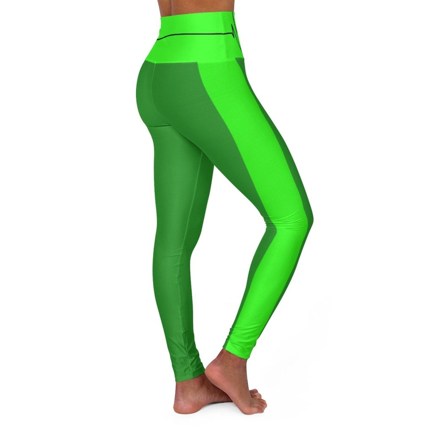 High Waisted Yoga Leggings Forest Green And Neon Green Black Bordered Beating