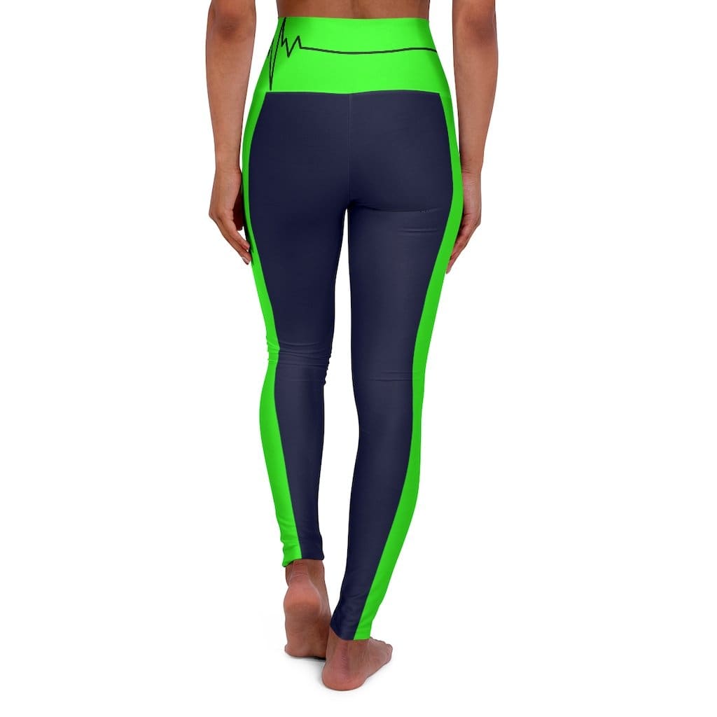 High Waisted Yoga Leggings Navy Blue and Neon Green Beating Heart Sports Pants