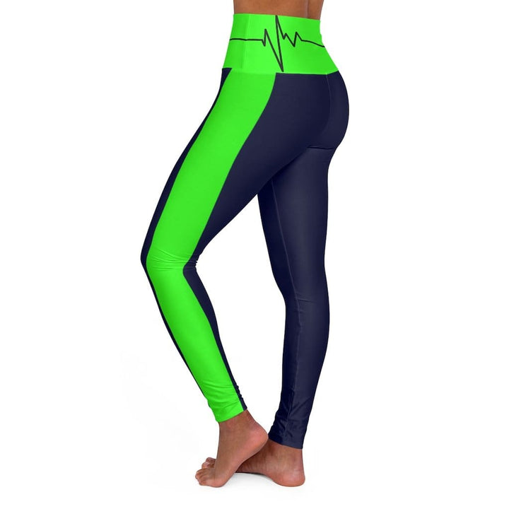 High Waisted Yoga Leggings Navy Blue and Neon Green Beating Heart Sports Pants