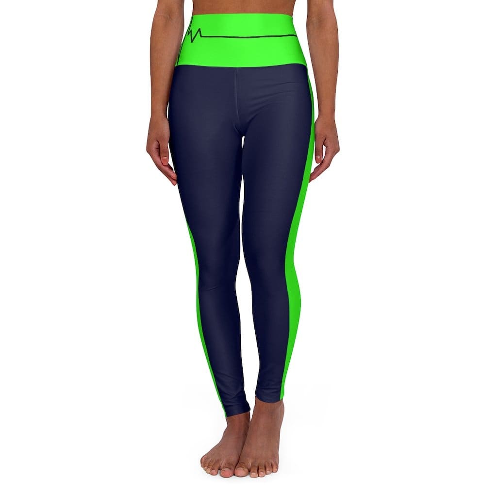 High Waisted Yoga Leggings Navy Blue and Neon Green Beating Heart Sports Pants