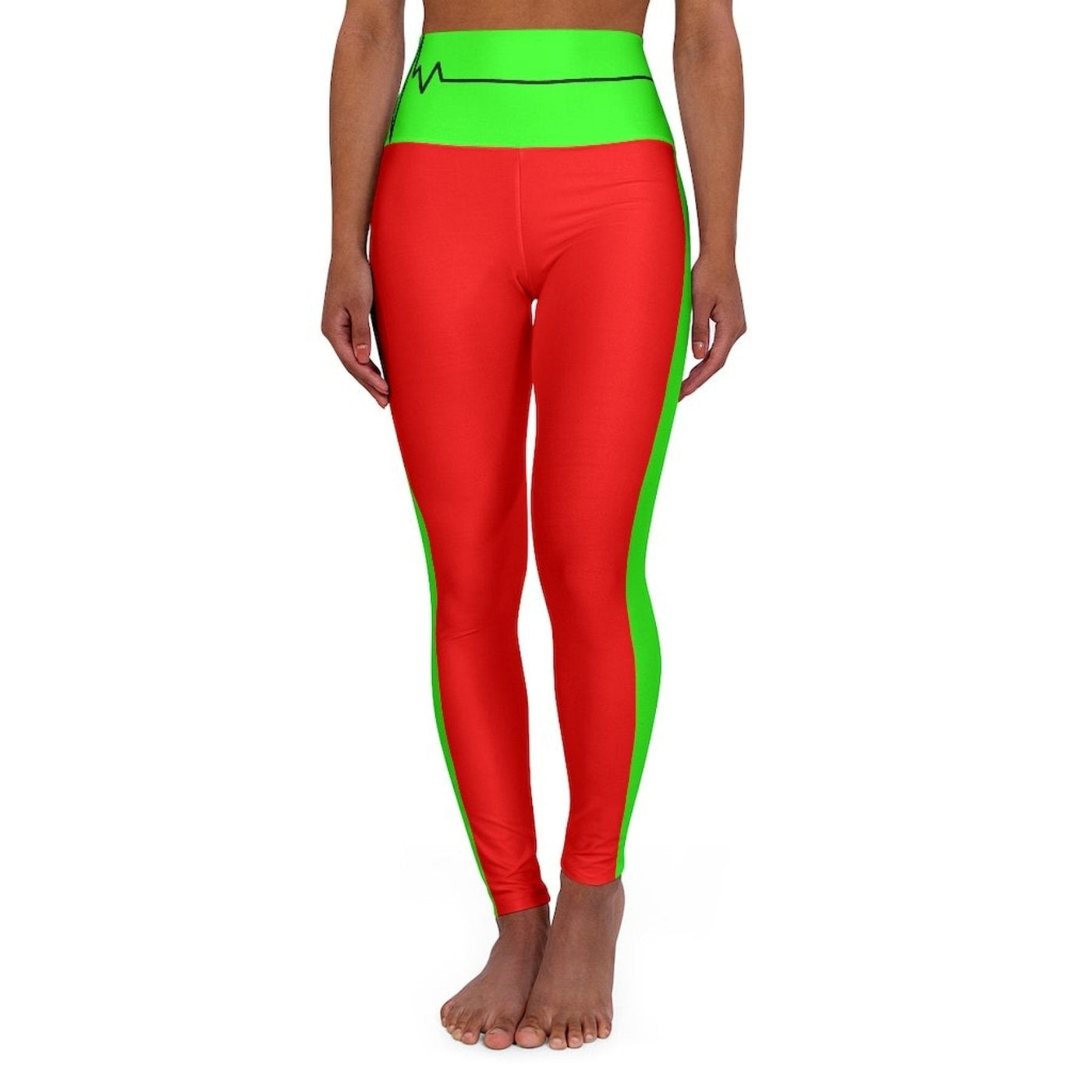 High Waisted Yoga Leggings Red And Neon Green Beating Heart Sports Pants -