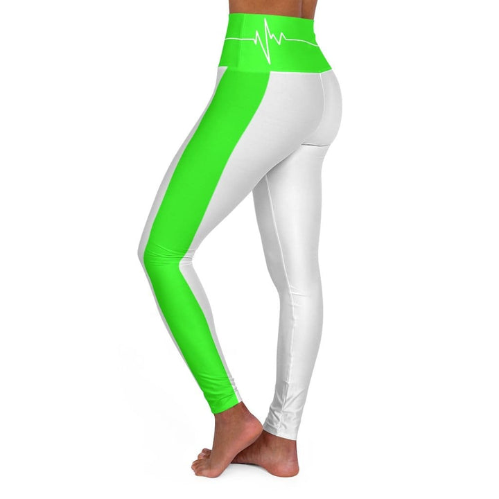 High Waisted Yoga Leggings White and Neon Green White Bordered Beating Heart