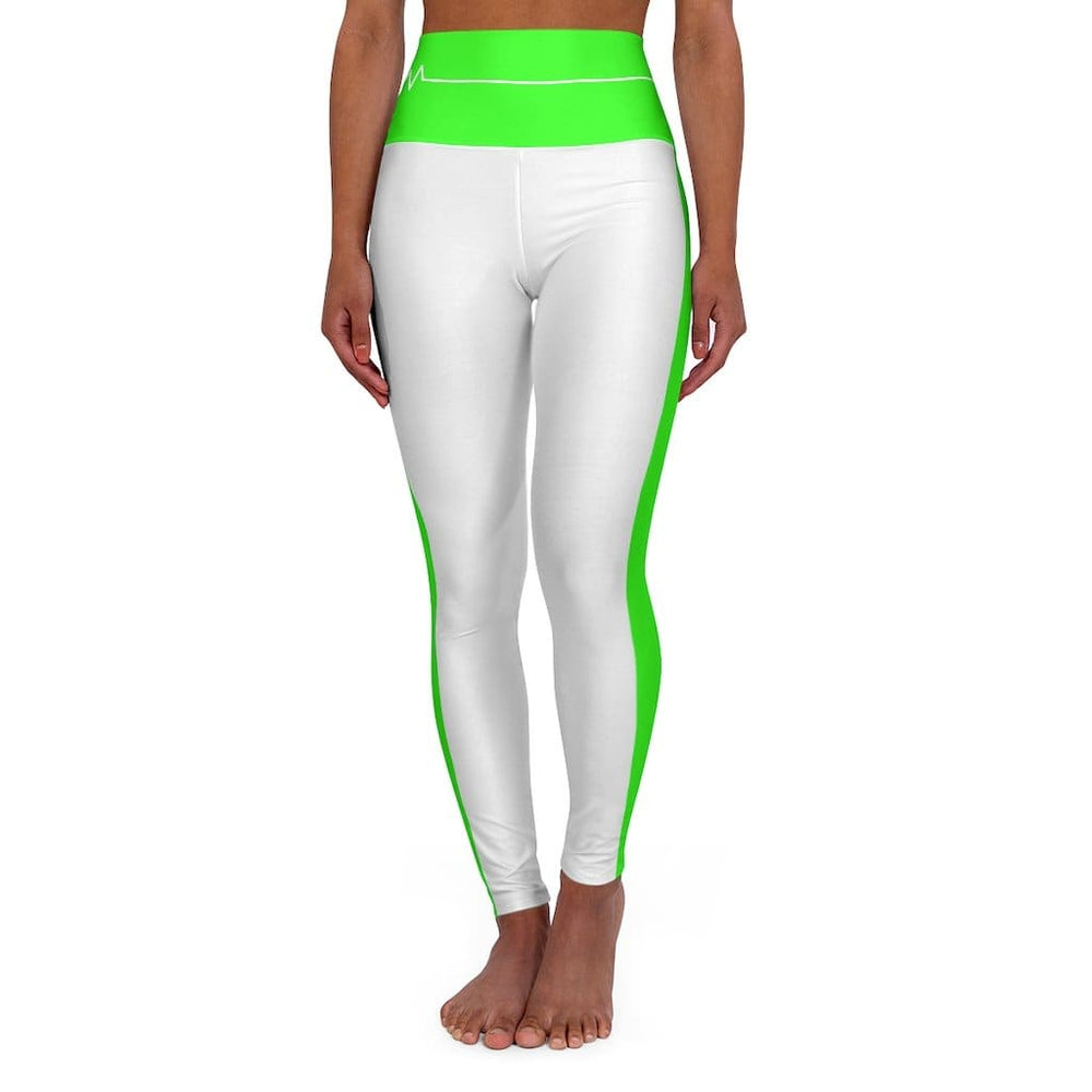 High Waisted Yoga Leggings - White and Neon Green White Bordered Beating Heart