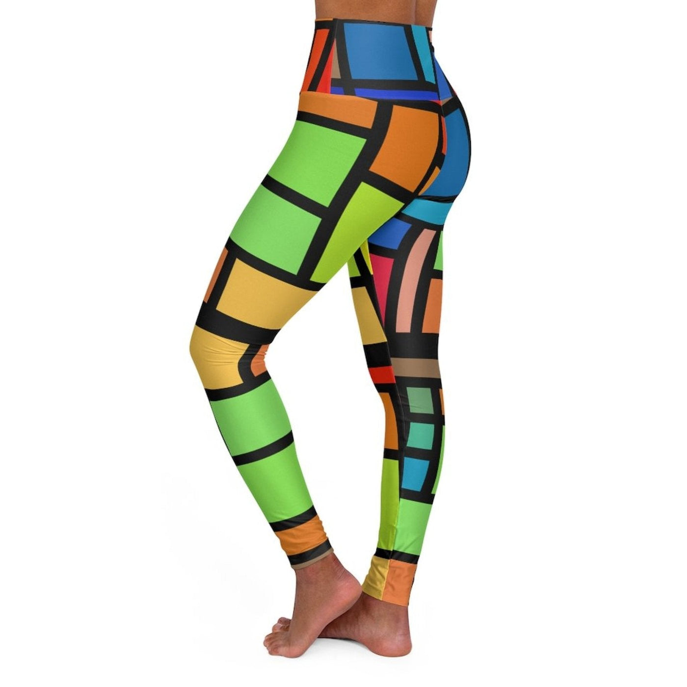 High Waisted Yoga Pants Multicolor Block And Black Grid Style Sports Pants -