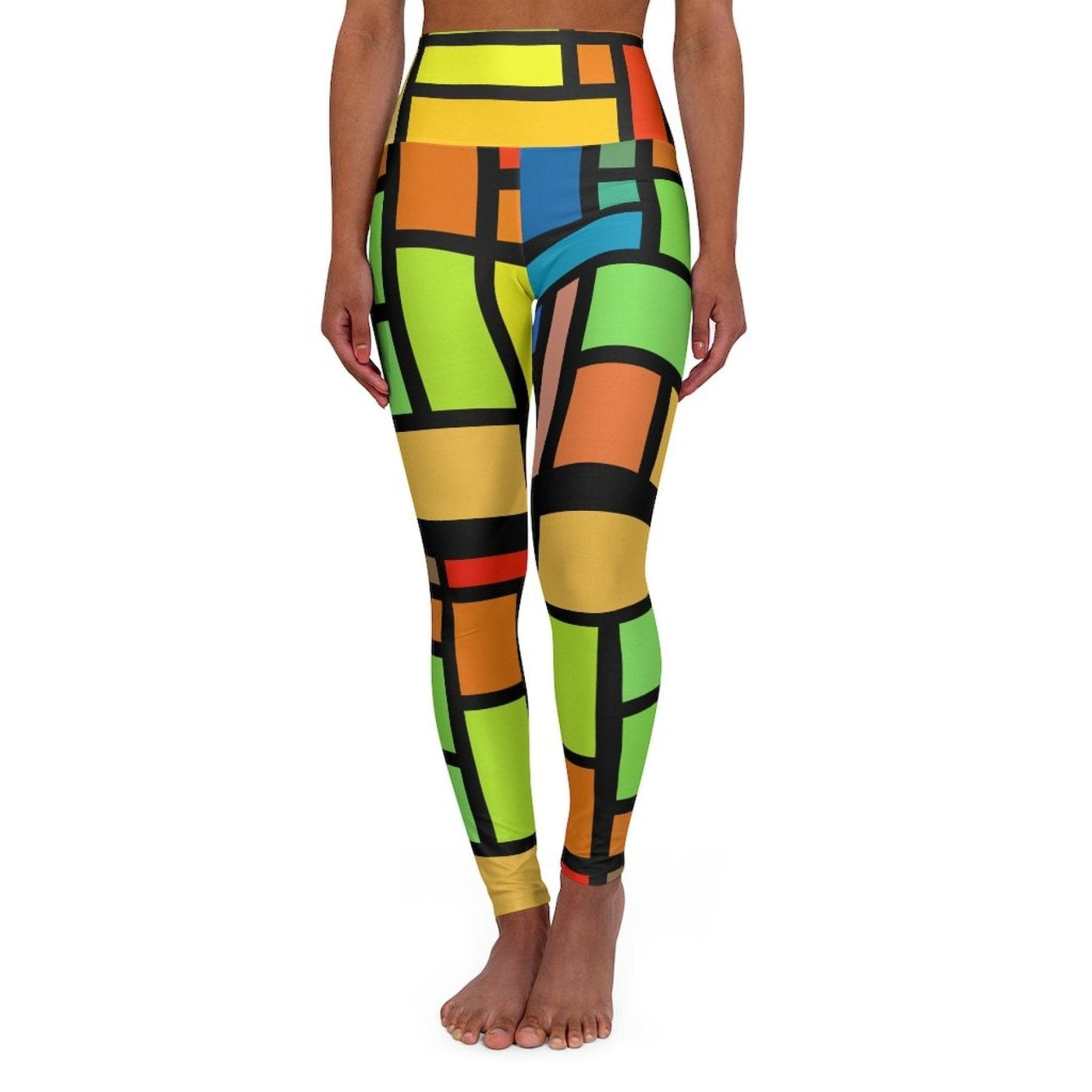 High Waisted Yoga Pants Multicolor Block And Black Grid Style Sports Pants -
