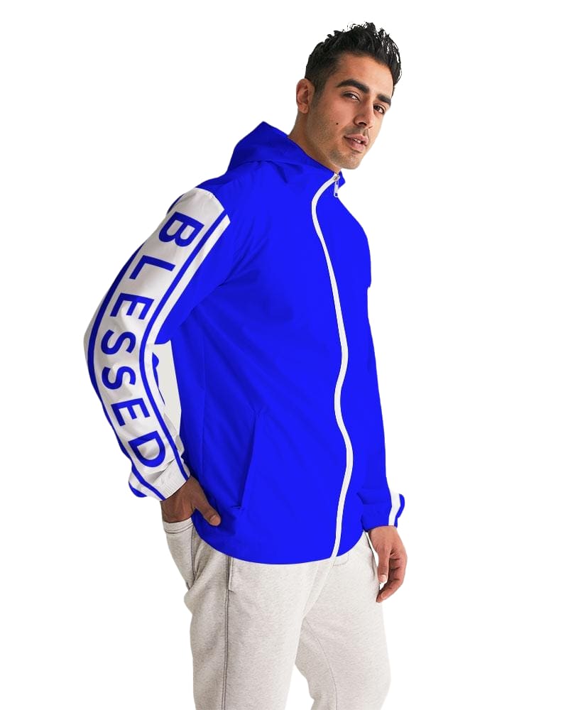 Mens Hooded Windbreaker - Blessed Sleeve Stripe Blue Water Resistant Jacket-