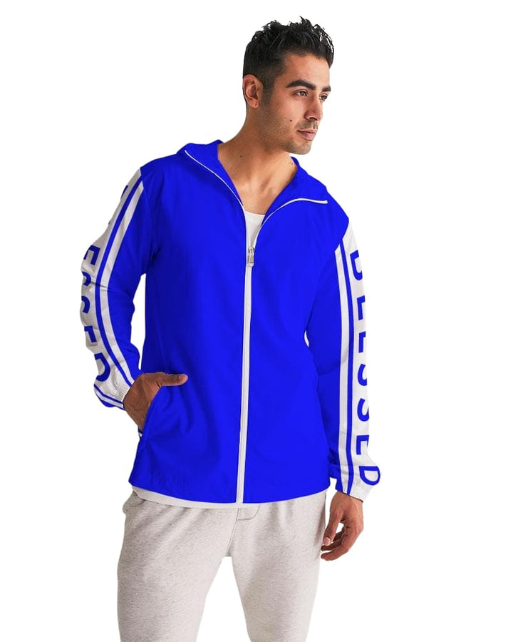 Mens Hooded Windbreaker - Blessed Sleeve Stripe Blue Water Resistant Jacket-