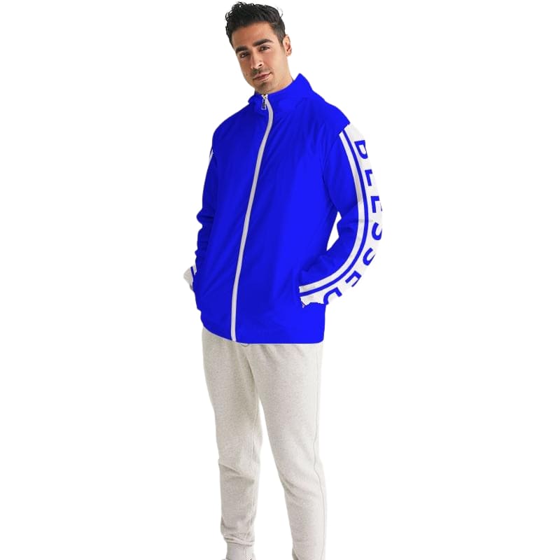 Mens Hooded Windbreaker - Blessed Sleeve Stripe Blue Water Resistant Jacket-