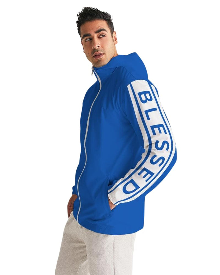 Mens Hooded Windbreaker - Blessed Sleeve Stripe Blue Water Resistant Jacket