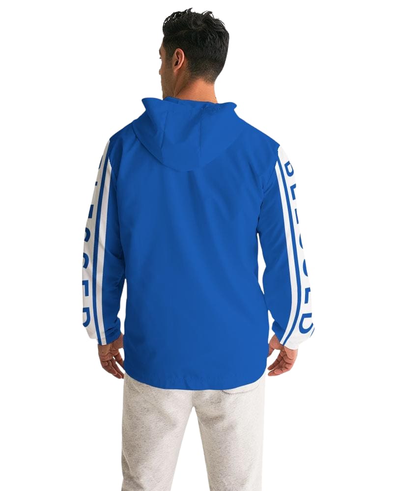 Mens Hooded Windbreaker - Blessed Sleeve Stripe Blue Water Resistant Jacket