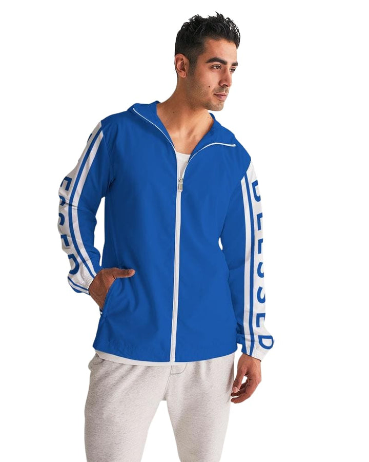 Mens Hooded Windbreaker - Blessed Sleeve Stripe Blue Water Resistant Jacket