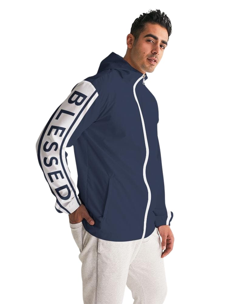 Mens Hooded Windbreaker - Blessed Sleeve Stripe Blue Water Resistant Jacket