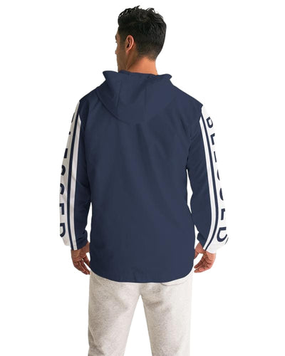 Mens Hooded Windbreaker - Blessed Sleeve Stripe Blue Water Resistant Jacket