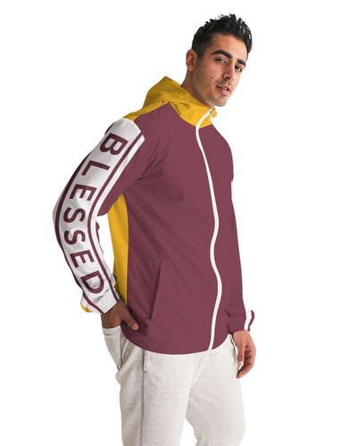 Mens Hooded Windbreaker - Blessed Sleeve Stripe Burgundy Water Resistant Jacket