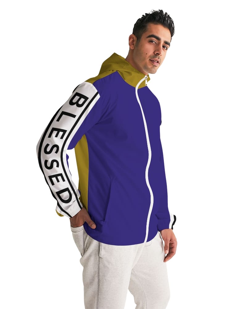 Mens Hooded Windbreaker - Blessed Sleeve Stripe Purple Water Resistant Jacket