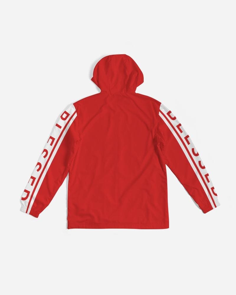 Mens Hooded Windbreaker - Blessed Sleeve Stripe Red Water Resistant Jacket