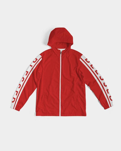 Mens Hooded Windbreaker - Blessed Sleeve Stripe Red Water Resistant Jacket
