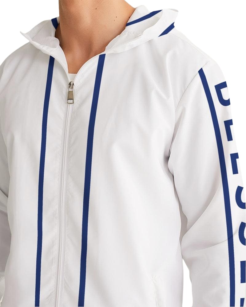 Mens Hooded Windbreaker - Blessed Sleeve Stripe White Water Resistant Jacket