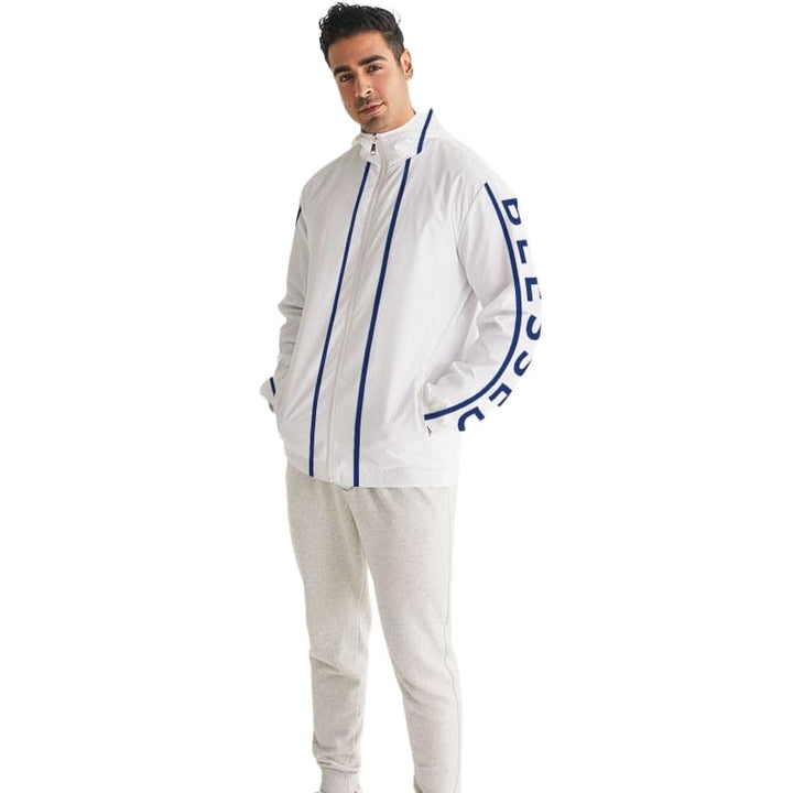 Mens Hooded Windbreaker - Blessed Sleeve Stripe White Water Resistant Jacket