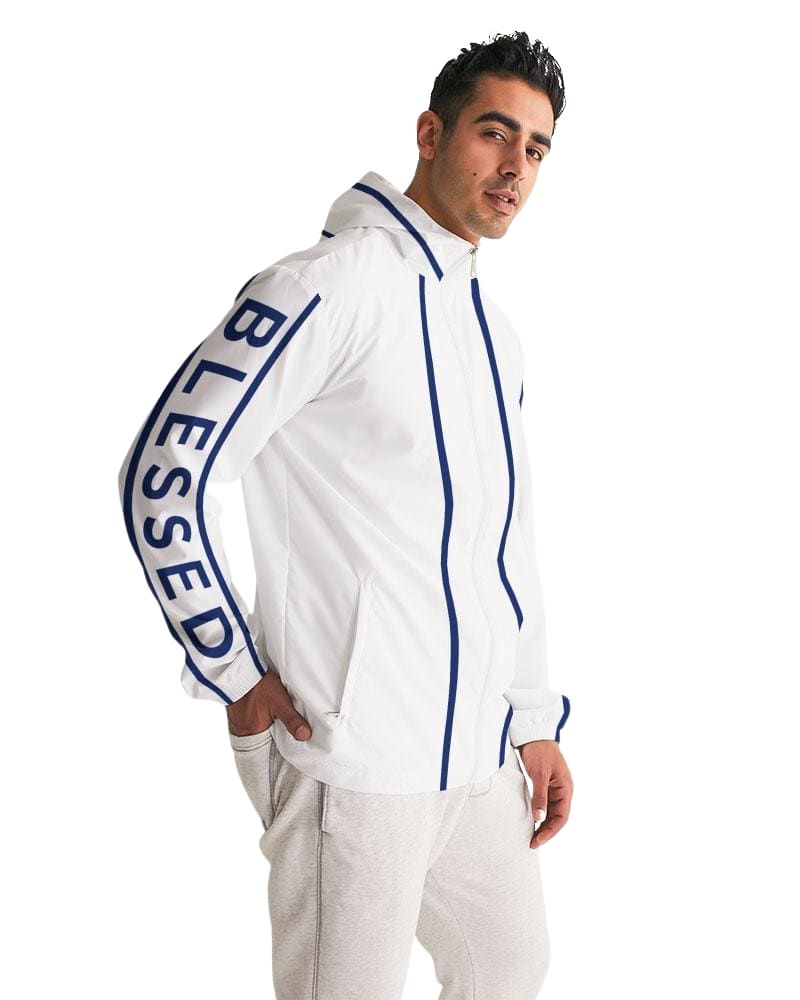 Mens Hooded Windbreaker - Blessed Sleeve Stripe White Water Resistant Jacket