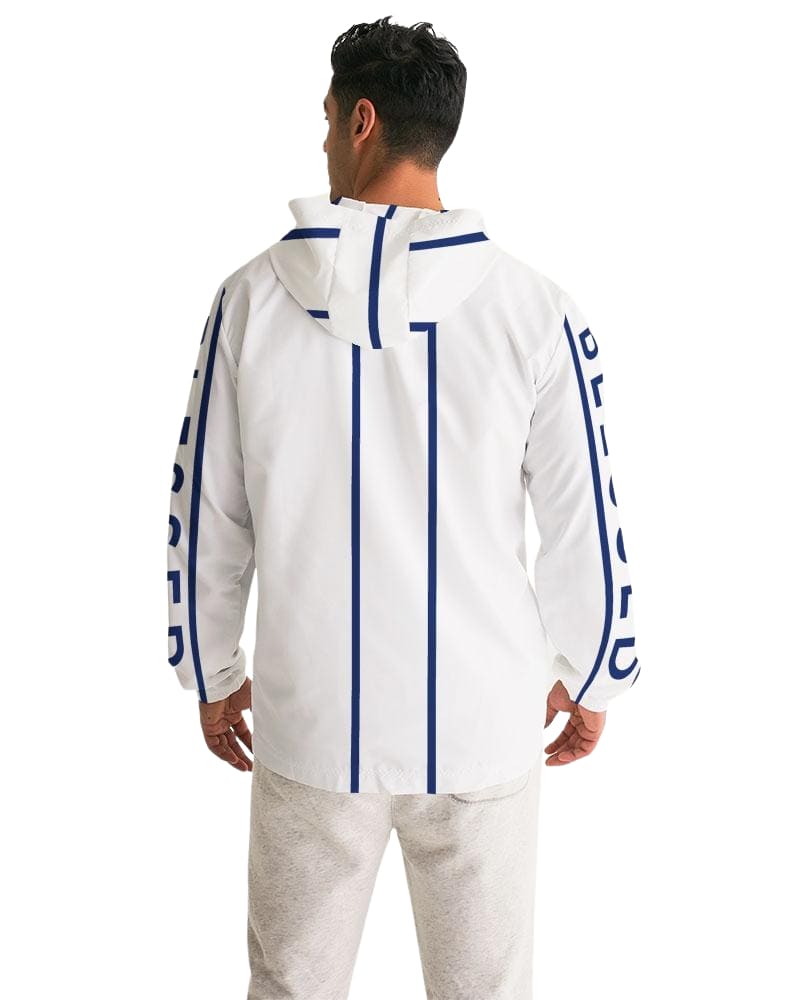 Mens Hooded Windbreaker - Blessed Sleeve Stripe White Water Resistant Jacket