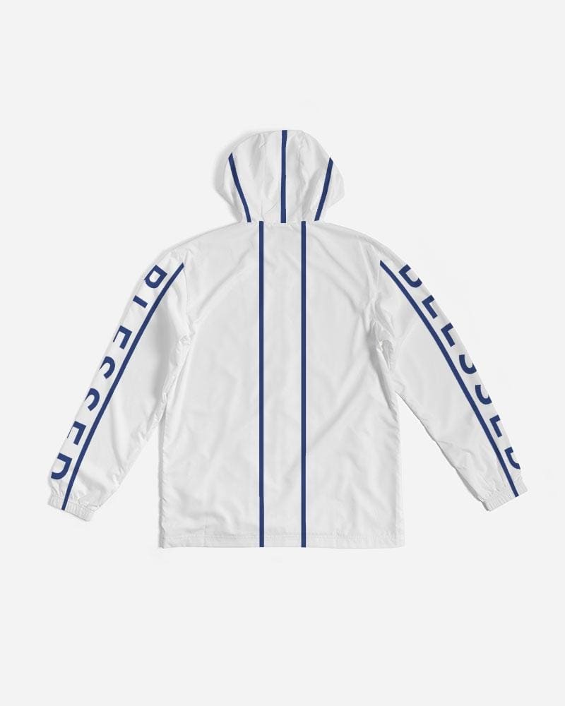 Mens Hooded Windbreaker - Blessed Sleeve Stripe White Water Resistant Jacket