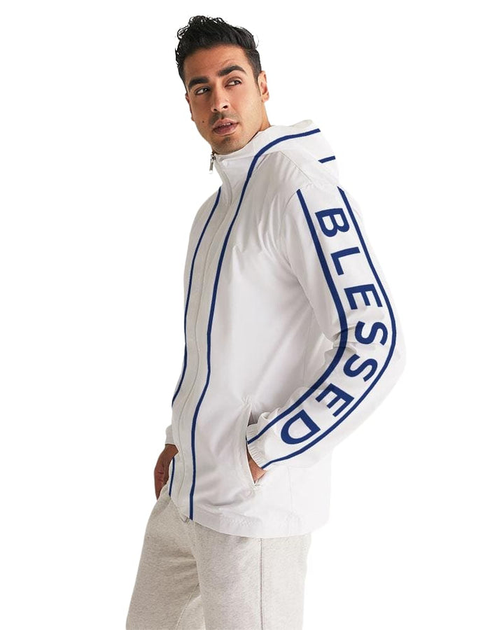 Mens Hooded Windbreaker - Blessed Sleeve Stripe White Water Resistant Jacket