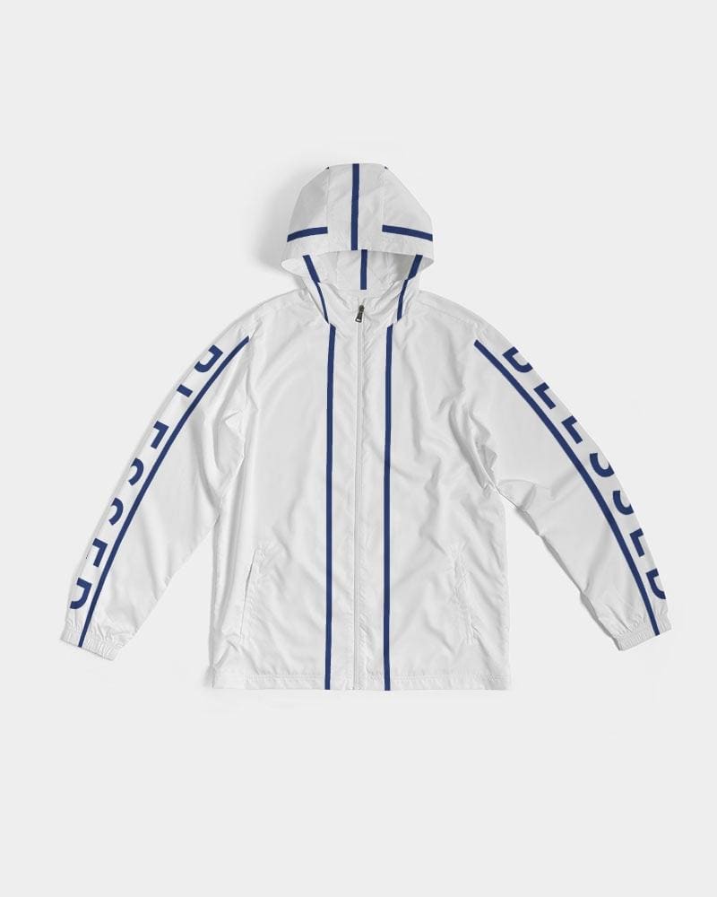 Mens Hooded Windbreaker - Blessed Sleeve Stripe White Water Resistant Jacket