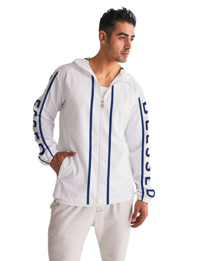 Mens Hooded Windbreaker - Blessed Sleeve Stripe White Water Resistant Jacket