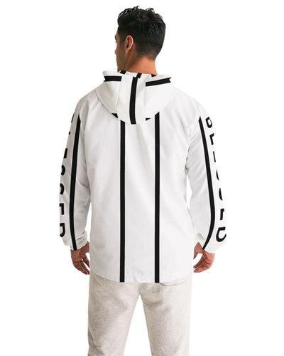 Mens Hooded Windbreaker - Blessed Sleeve Stripe White Water Resistant Jacket