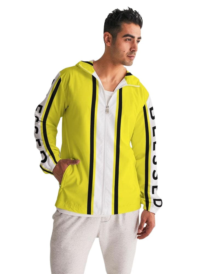 Mens Hooded Windbreaker - Blessed Sleeve Stripe Yellow Water Resistant Jacket