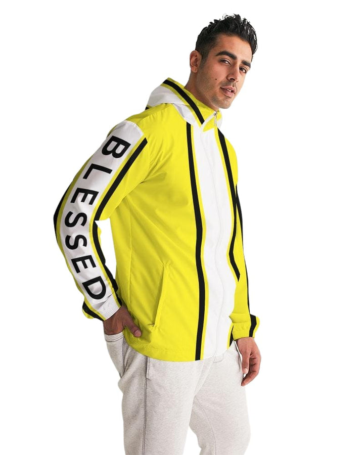 Mens Hooded Windbreaker - Blessed Sleeve Stripe Yellow Water Resistant Jacket