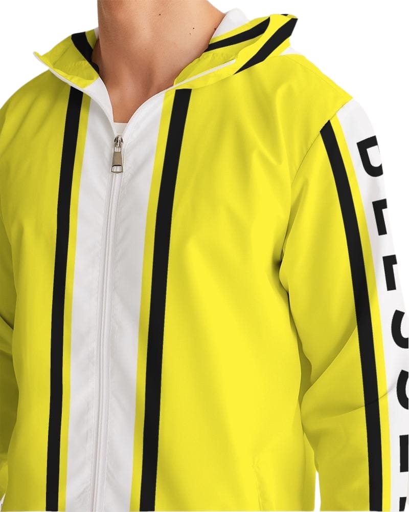 Mens Hooded Windbreaker - Blessed Sleeve Stripe Yellow Water Resistant Jacket