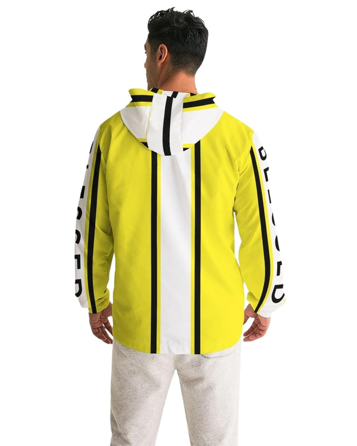 Mens Hooded Windbreaker - Blessed Sleeve Stripe Yellow Water Resistant Jacket