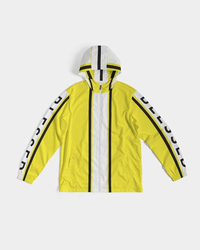 Mens Hooded Windbreaker - Blessed Sleeve Stripe Yellow Water Resistant Jacket