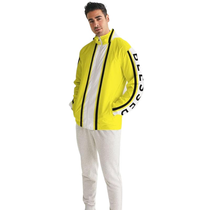 Mens Hooded Windbreaker - Blessed Sleeve Stripe Yellow Water Resistant Jacket