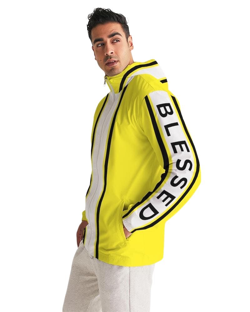 Mens Hooded Windbreaker - Blessed Sleeve Stripe Yellow Water Resistant Jacket