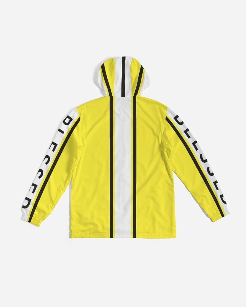 Mens Hooded Windbreaker - Blessed Sleeve Stripe Yellow Water Resistant Jacket