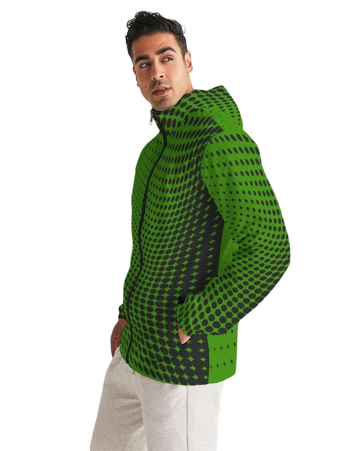 Mens Hooded Windbreaker - Green Polka Dot Water Resistant Jacket - Mens