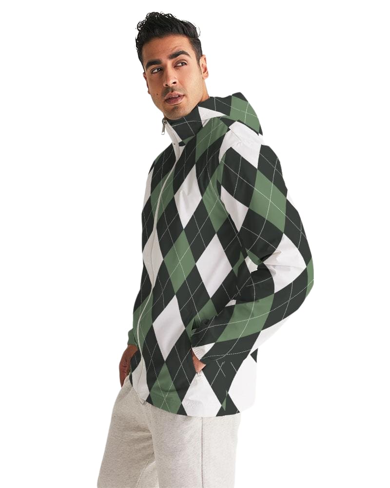 Mens Hooded Windbreaker Green and White Plaid Tartan Pattern - Jjr60x - Mens