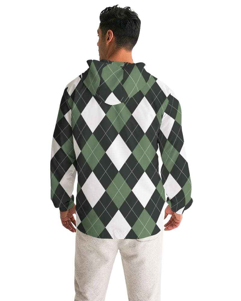 Mens Hooded Windbreaker Green And White Plaid Tartan Pattern - Jjr60x - Mens
