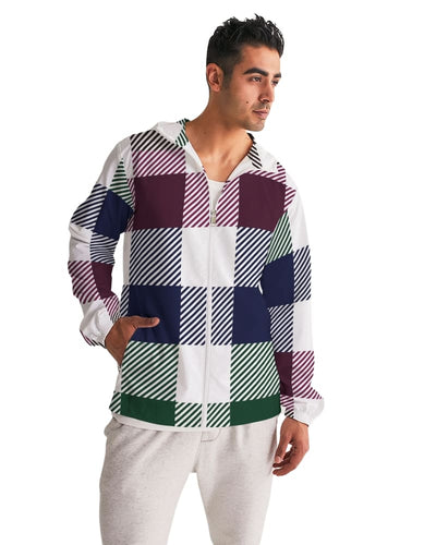 Mens Hooded Windbreaker Multicolor Water Resistant Colorblock Plaid Jacket -
