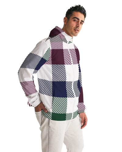 Mens Hooded Windbreaker Multicolor Water Resistant Colorblock Plaid Jacket