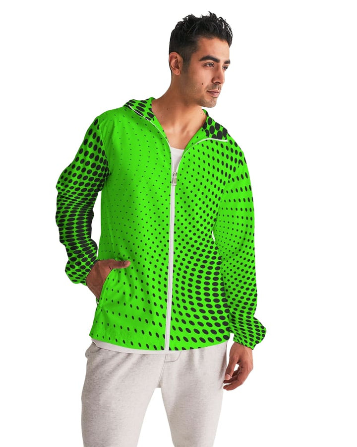 Mens Hooded Windbreaker Neon Green Polka Dot Water Resistant Jacket - Jjwd0x