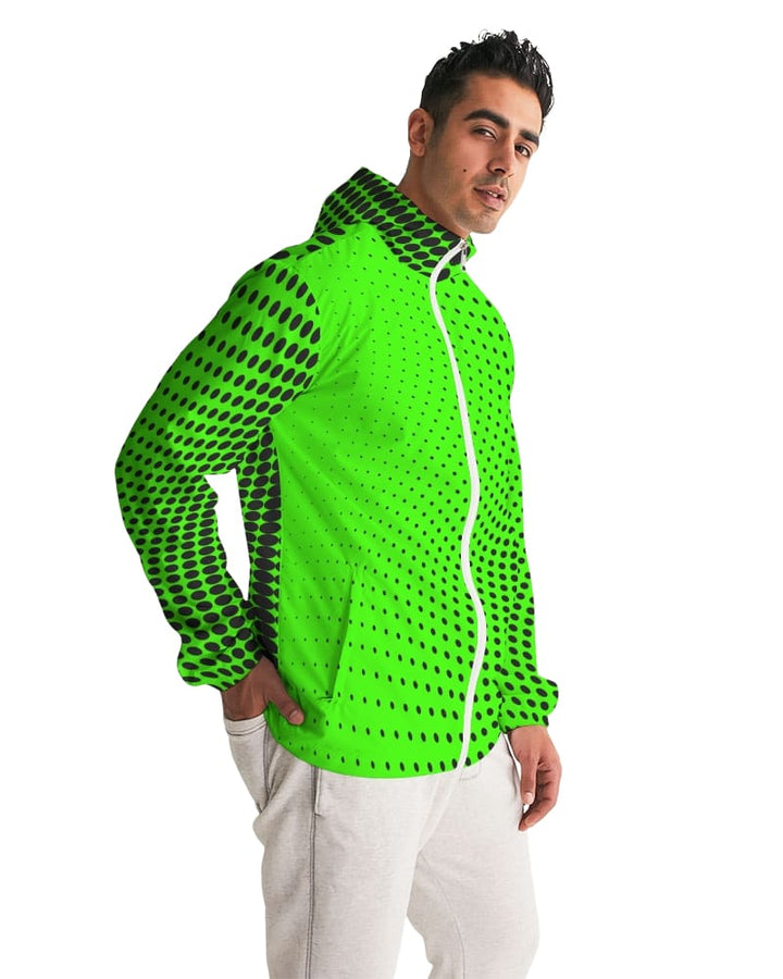 Mens Hooded Windbreaker Neon Green Polka Dot Water Resistant Jacket - Jjwd0x