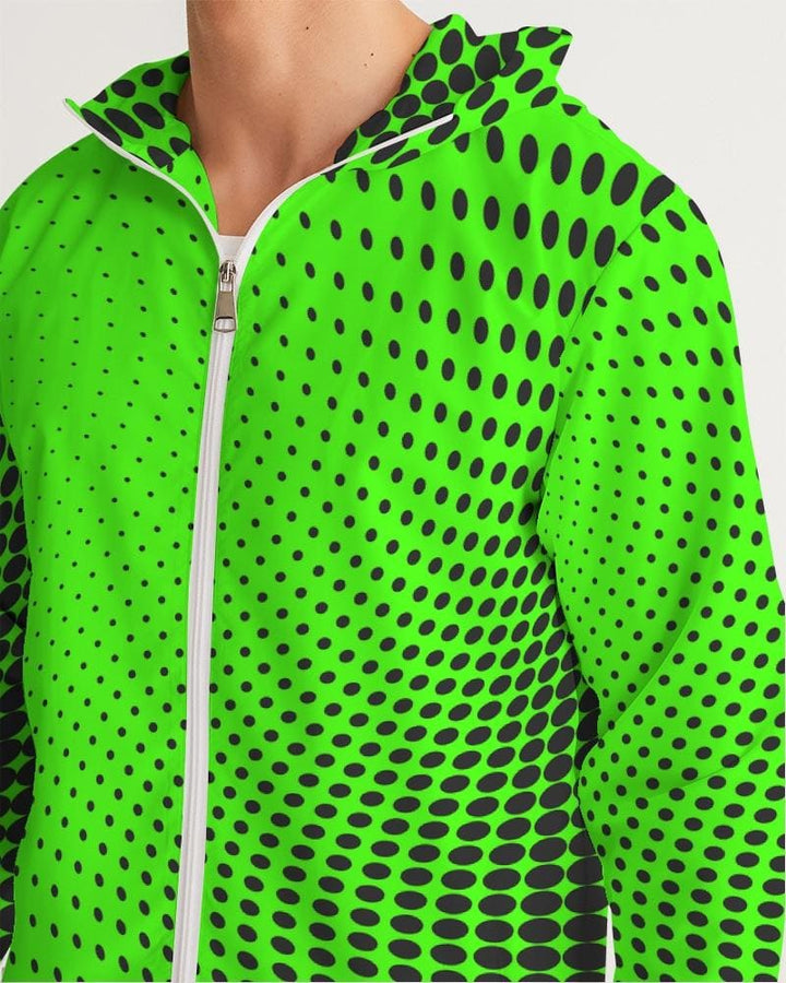 Mens Hooded Windbreaker Neon Green Polka Dot Water Resistant Jacket - Jjwd0x