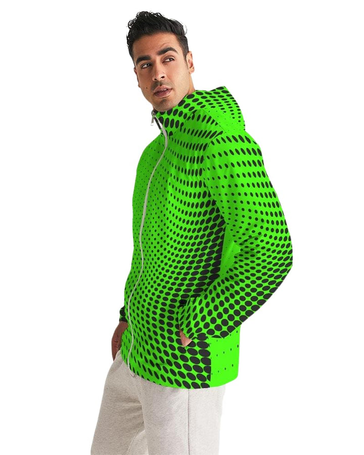 Mens Hooded Windbreaker Neon Green Polka Dot Water Resistant Jacket - Jjwd0x