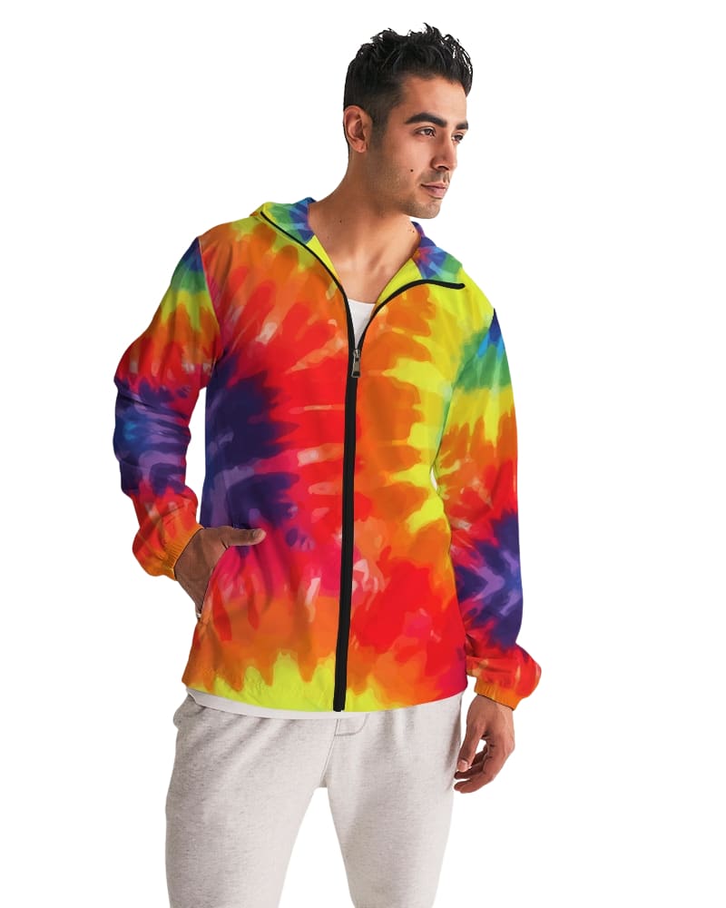 Mens Hooded Windbreaker - Rainbow Tie-dye Water Resistant Jacket - Jl330x